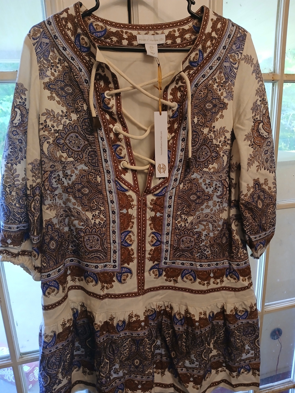 House of Harlow 1960 Paisley Lace-Up Tunic in Cream, Brown & Blue